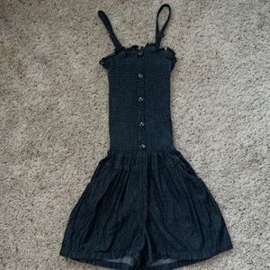 Black denim romper with Spaghetti Straps and Flared Bottom size small